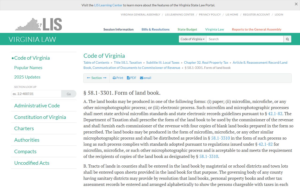 Virginia Code 58.1-3301 Land Books - Property Tax Records