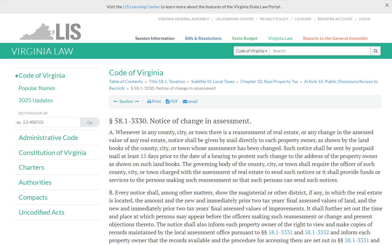 Virginia Code 58.1-3330 Assessment Change Notice Requirements