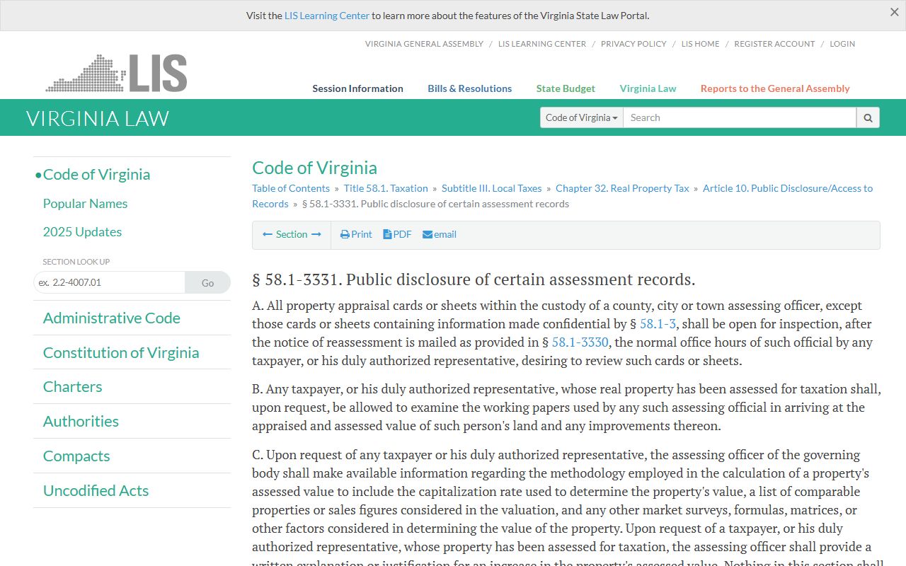 Arlington County Property Tax Records - Virginia Code 58.1-3331 public inspection