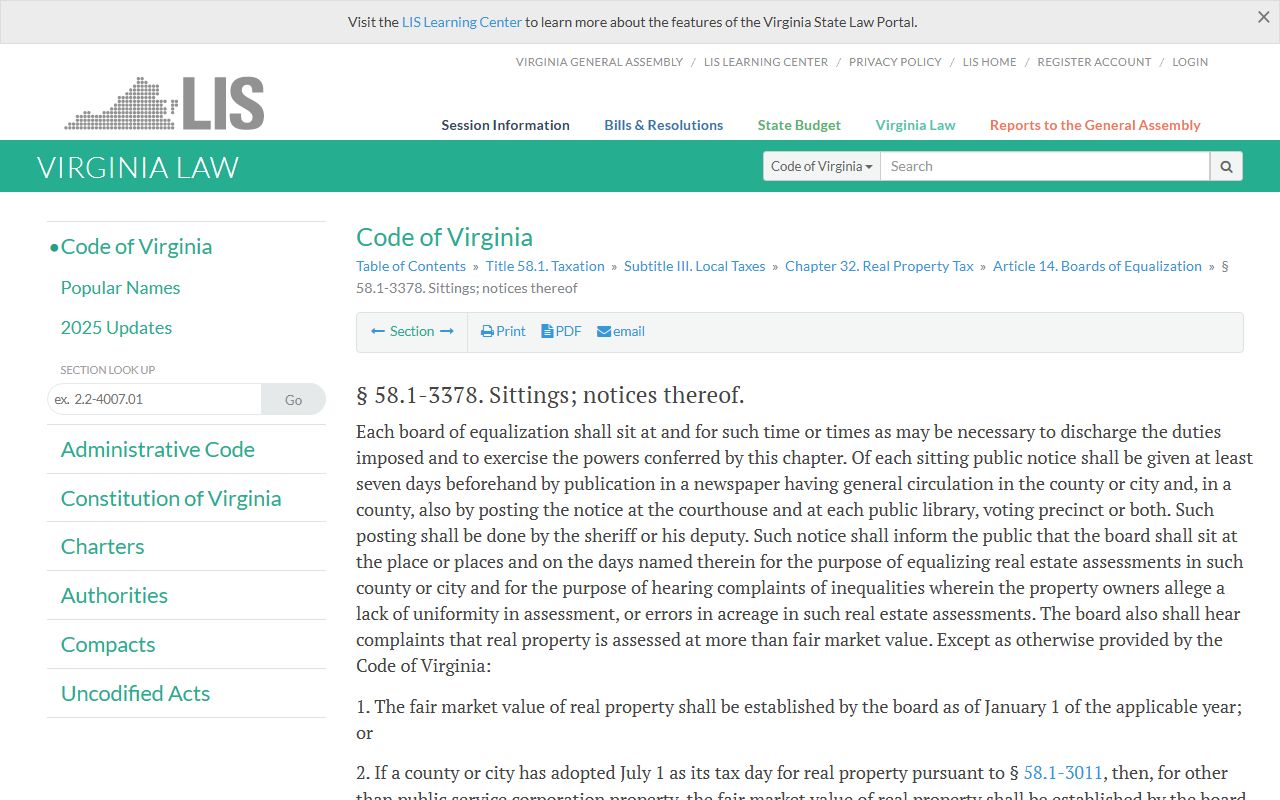 Virginia Code 58.1-3378 Board of Equalization Sittings - Property Tax Records