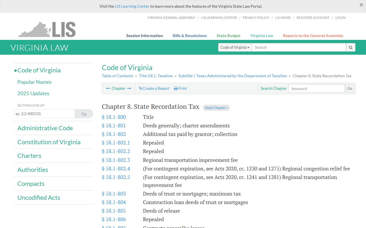 Virginia Code Chapter 8 State Recordation Tax - Property Tax Records